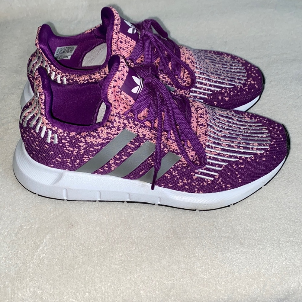 Adidas Swift Run sz 7 (Adidas size 7.5), purple, silver, pink. Slip on w/laces.